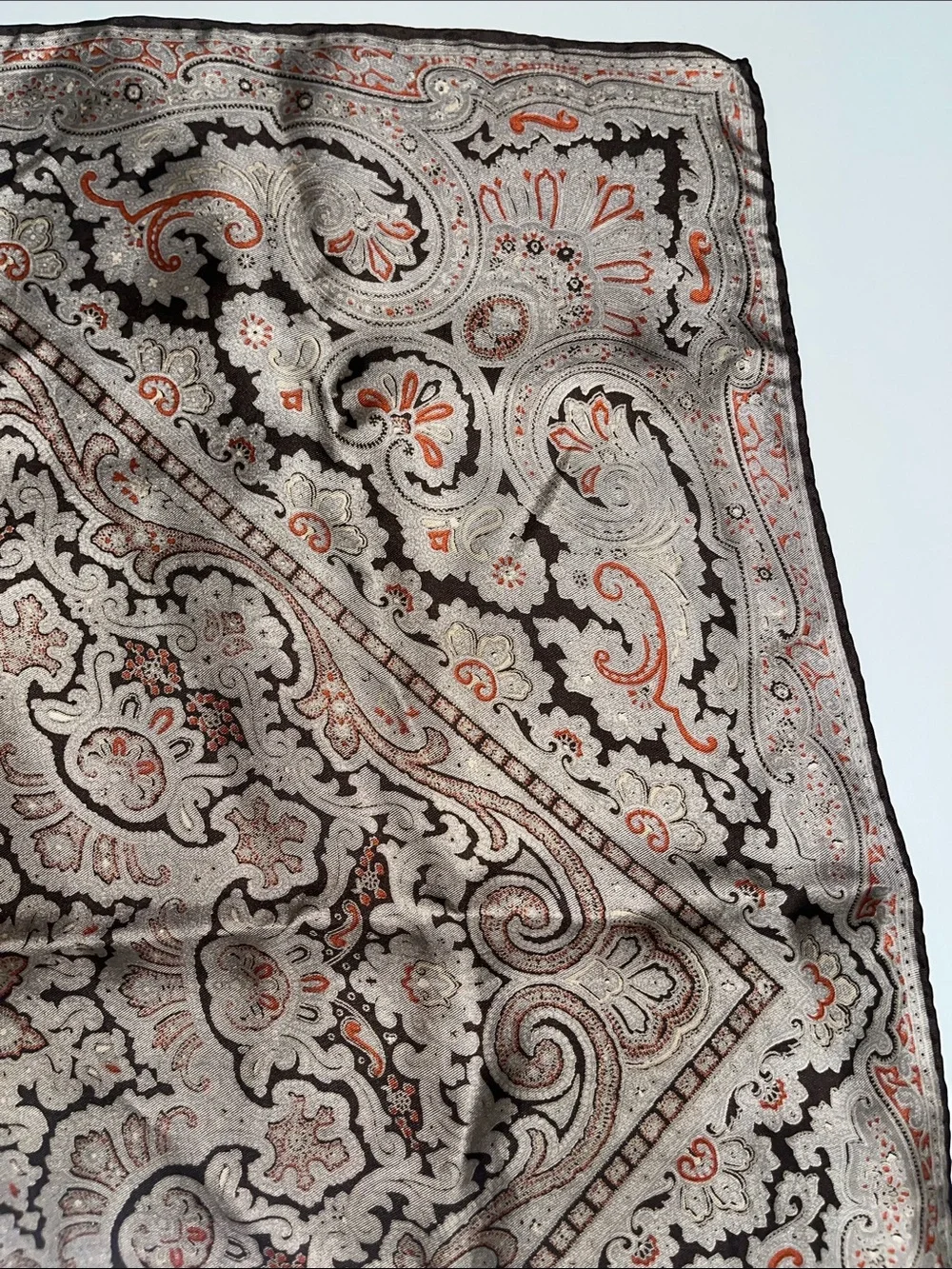 Source Unknown Taupe and Coral Paisley Square Silk Scarf